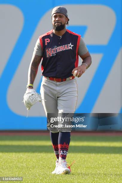 Felipe Vazquez of the Pittsburgh Pirates warms up prior to the 2019 MLB All-Star Game at Progressive Field on July 09, 2019 in Cleveland, Ohio.