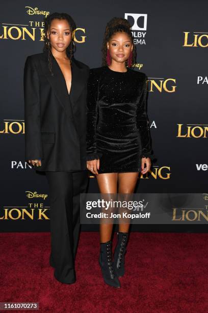 Chloe Bailey and Halle Bailey attend the premiere of Disney's "The Lion King" at Dolby Theatre on July 09, 2019 in Hollywood, California.