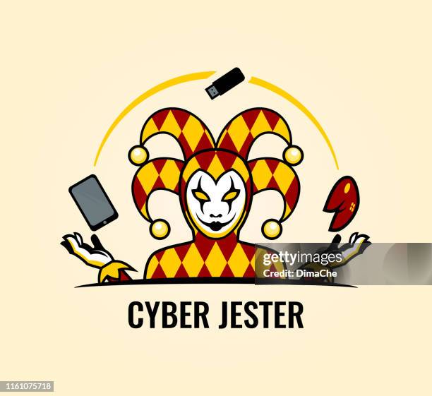 stockillustraties, clipart, cartoons en iconen met clown harlequin karakter. joker in jester's hoed jongleren met gadgets - nar