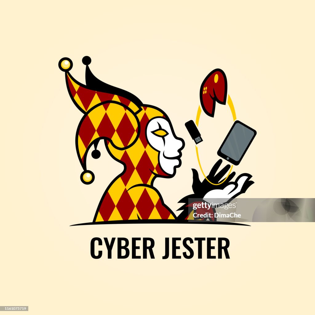 Joker Harlequin character in Jester's hat juggling with gadgets