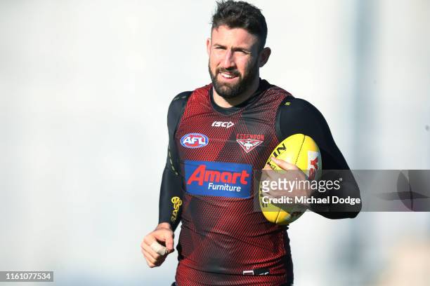 Cale Hooker of the Bombers runs laps during a Essendon Bombers AFL media opportunity at The Hangar on July 10, 2019 in Melbourne, Australia.
