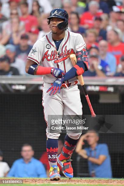 Ronald Acuna Jr. #13 of the Atlanta Braves participates in the 2019 MLB All-Star Game at Progressive Field on July 09, 2019 in Cleveland, Ohio.