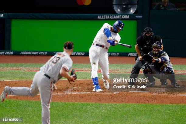 Joey Gallo of the Texas Rangers and the American League hits a solo home run during the seventh inning against the National League during the 2019...