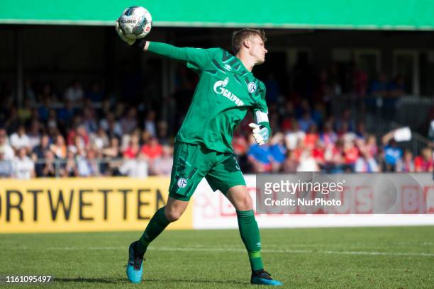 Alexander Nübel, Goalkeeper of Schalke 04 plays the ball during the DFB Cup first round match between SV Drochtersen/Assel and FC Schalke 04 at the...
