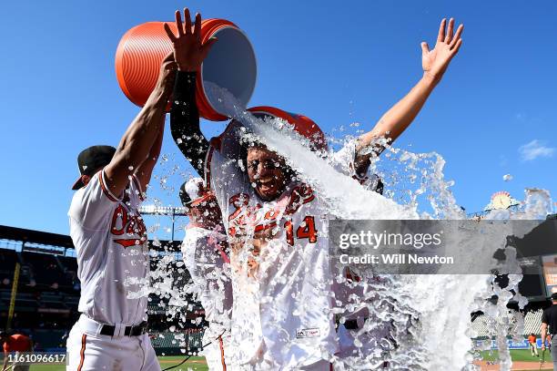 Rio Ruiz of the Baltimore Orioles is doused in water after hitting a walk-off home run against the Houston Astros at Oriole Park at Camden Yards on...