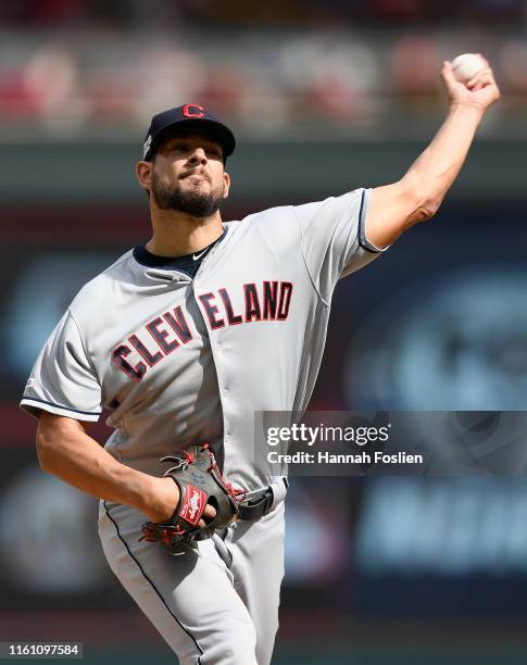 Brad Hand of the Cleveland Indians delivers a pitch against the Minnesota Twins during the ninth inning of the game on August 11, 2019 at Target...