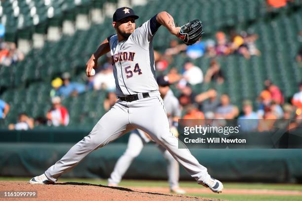 Roberto Osuna of the Houston Astros pitches during the ninth inning against the Baltimore Orioles at Oriole Park at Camden Yards on August 11, 2019...