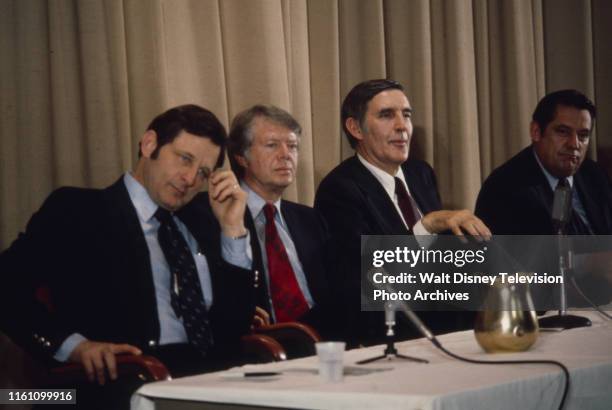 Indiana Senator Birch Bayh, Governor Jimmy Carter, US Representative Mo Udall, Fred R Harris at campaign event, ABC News coverage of the 1976 New...