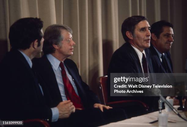 Indiana Senator Birch Bayh, Governor Jimmy Carter, US Representative Mo Udall, Fred R Harris at campaign event, ABC News coverage of the 1976 New...