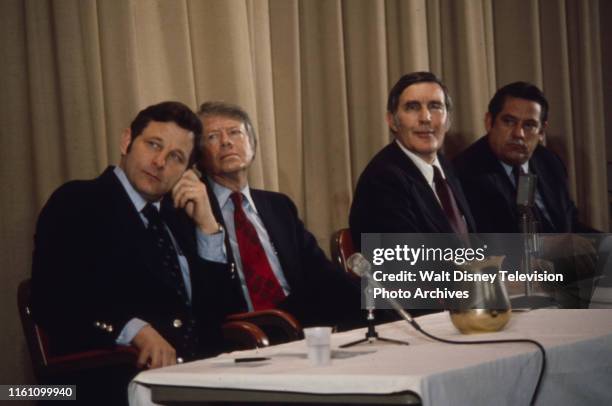 Indiana Senator Birch Bayh, Governor Jimmy Carter, US Representative Mo Udall, Fred R Harris at campaign event, ABC News coverage of the 1976 New...