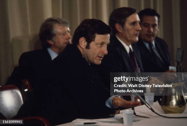 Governor Jimmy Carter, Indiana Senator Birch Bayh, US Representative Mo Udall, Fred R Harris at campaign event, ABC News coverage of the 1976 New...