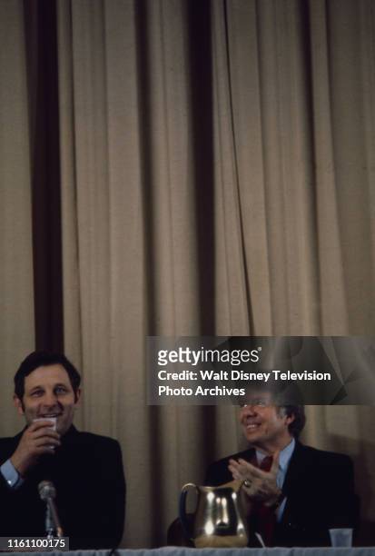 Indiana Senator Birch Bayh, Governor Jimmy Carter at campaign event, ABC News coverage of the 1976 New Hampshire presidential primary.