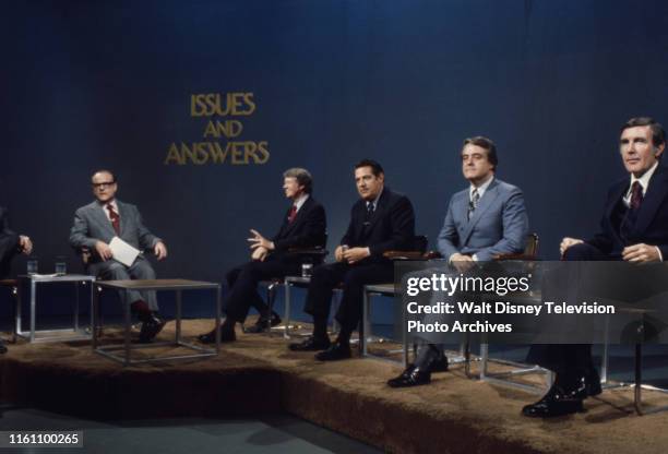 Bob Clark, Governor Jimmy Carter, Fred R Harris, Indiana Senator Birch Bayh, US Representative Mo Udall appearing on the ABC news program 'Issues and...