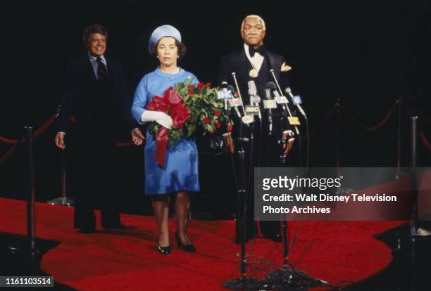 Redd Foxx in sketch with man as Jimmy Carter and woman as Queen Elizabeth on the ABC tv series 'The Redd Foxx Comedy Hour'.