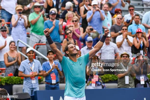 Rafael Nadal salutes the crowd after his win of the ATP Coupe Rogers final match on August 11, 2019 at IGA Stadium in Montreal, QC