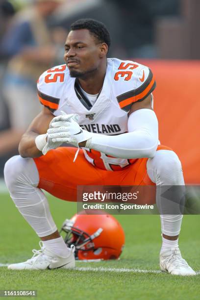 Cleveland Browns safety Jermaine Whitehead on the field prior to the National Football League preseason game between the Washington Redskins and...