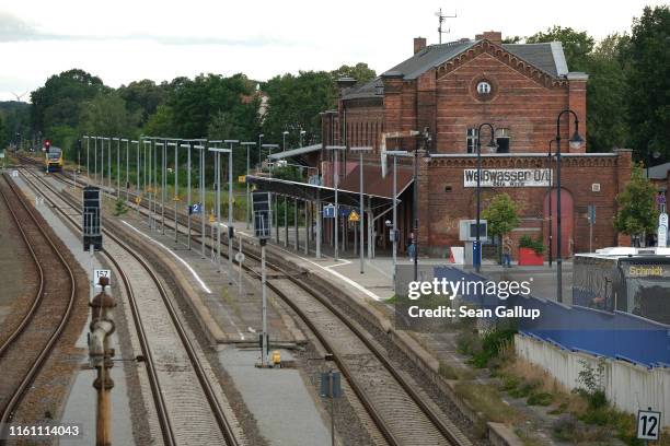 Commuter train departs from the train station on July 09, 2019 in Weisswasser, Germany. Weisswasser, located in Saxony near the border to Poland, is...