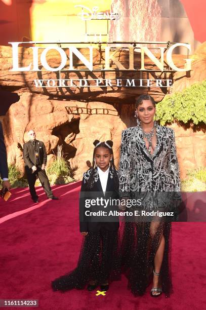 Blue Ivy Carter and Beyonce Knowles-Carter attend the World Premiere of Disney's "THE LION KING" at the Dolby Theatre on July 09, 2019 in Hollywood,...