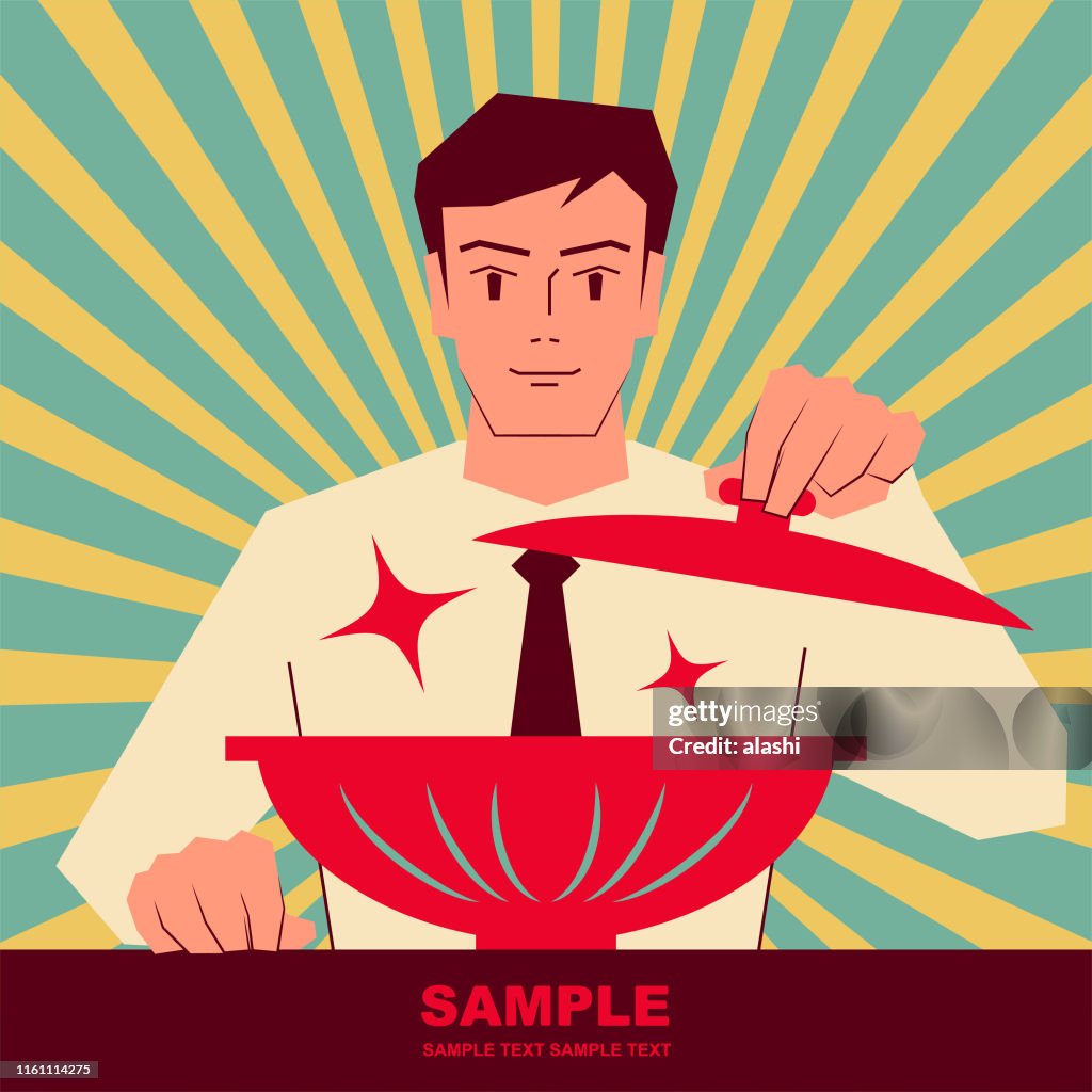 Smiling handsome man opening the lid of bowl, ready to eat