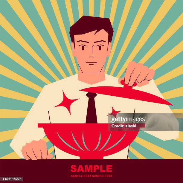 smiling handsome man opening the lid of bowl, ready to eat - soup bowl illustration stock illustrations