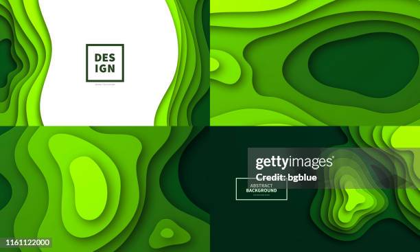 set of paper cut background. green abstract wave shapes - trendy 3d design - papercutting stock illustrations
