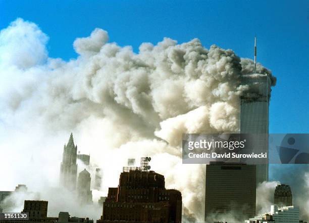 Smoke pours out of the World Trade Center after the twin towers were struck by two planes during a suspected terrorist attack September 11, 2001 in...