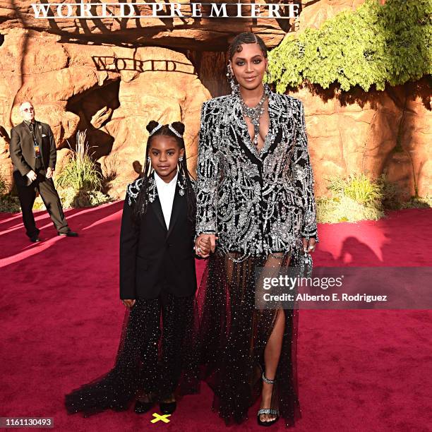 Blue Ivy Carter and Beyonce Knowles-Carter attend the World Premiere of Disney's "THE LION KING" at the Dolby Theatre on July 09, 2019 in Hollywood,...