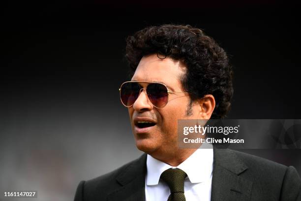 Former Indian cricketer Sachin Tendulka is pictured during the resumption of the weather affected Semi-Final match of the ICC Cricket World Cup 2019...