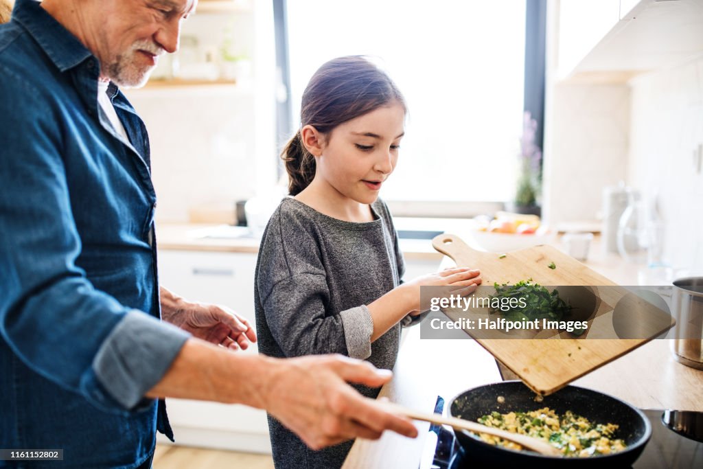 Senior grandfather and granddaughter preparing food indoors in kitchen.