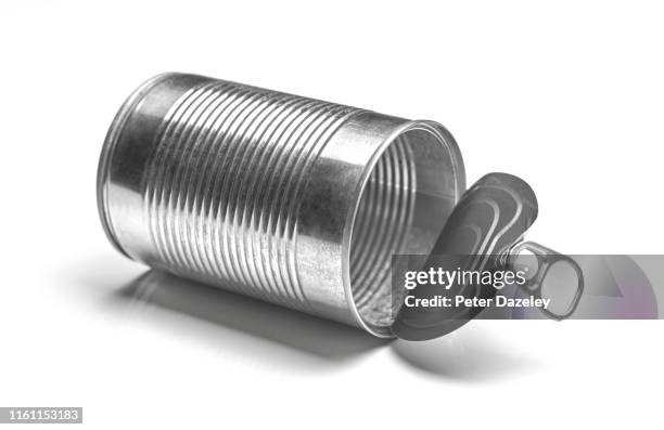 empty washed tin can waiting to be recycled - canister stock pictures, royalty-free photos & images