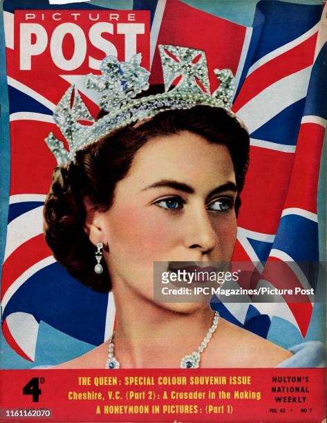 Queen Elizabeth II against a background of the Union Jack flag is featured for the cover of Picture Post magazine. Original Publication: Picture Post...