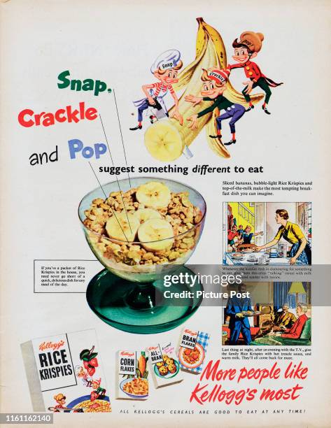 Advertisement for Kellogg's Rice Krispies showing a serving suggestion of the breakfast cereal with slices of banana. Original Publication: Picture...