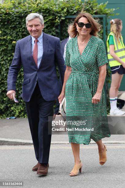 Carole Middleton and Michael Middleton attend day 9 of the Wimbledon 2019 Tennis Championships at All England Lawn Tennis and Croquet Club on July...