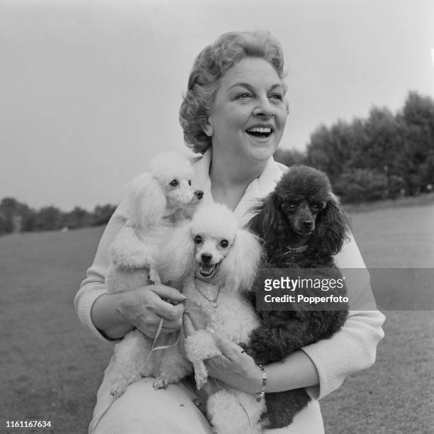 English actress and singer Betty Driver pictured with three poodle dogs in August 1965.