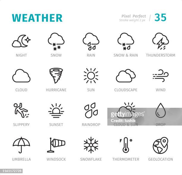 weather - pixel perfect line icons with captions - sleet stock illustrations