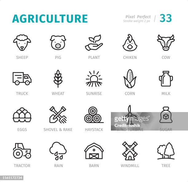 ilustrações, clipart, desenhos animados e ícones de agricultura-pixel linha perfeita ícones com legendas - ranch