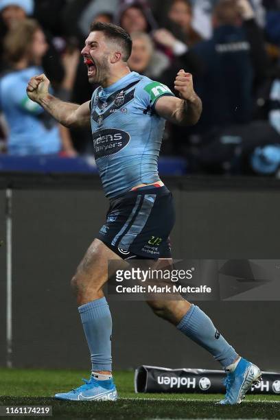 James Tedesco of the Blues celebrates scoring the match winning try during game three of the 2019 State of Origin series between the New South Wales...