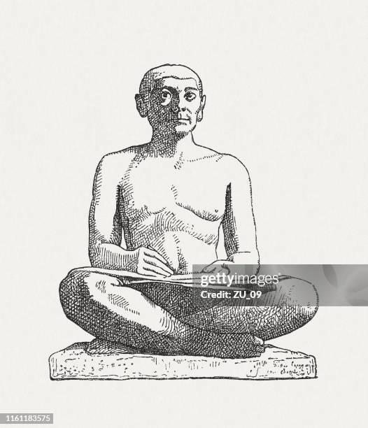 ilustraciones, imágenes clip art, dibujos animados e iconos de stock de el escriba sentado, estatua egipcia antigua, louvre, xiloque, publicado en 1879 - scribe