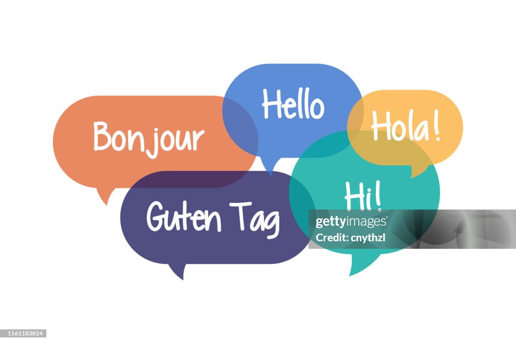 Bunte Sprachblasen mit Hallo in verschiedenen Sprachen