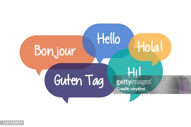 illustrazioni stock, clip art, cartoni animati e icone di tendenza di bolle vocali colorate ambientate con hello in different languages - messaggistica online