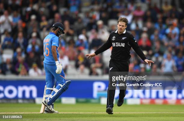 Lockie Ferguson of New Zealand celebrates after dismissing Bhuvneshwar Kumar of India during the Semi-Final match of the ICC Cricket World Cup 2019...