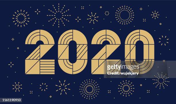 ilustraciones, imágenes clip art, dibujos animados e iconos de stock de tarjeta de año nuevo 2020 con fuegos artificiales - 2020