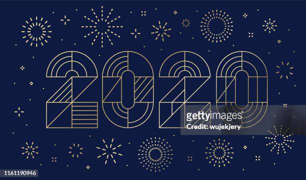 neujahrskarte 2020 mit feuerwerk - new year 2019 stock-grafiken, -clipart, -cartoons und -symbole