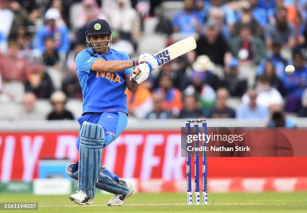 Dhoni of India bats during resumption of the Semi-Final match of the ICC Cricket World Cup 2019 between India and New Zealand after weather affected...