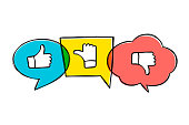 Hand drawn green, red and yellow speech bubbles with thumbs up and down. Like, dislike and undecided icons in sketchy style.  Pointing gesture hands.