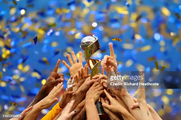 Lift the trophy after victory in the 2019 FIFA Women's World Cup France Final match between The United State of America and The Netherlands at Stade...