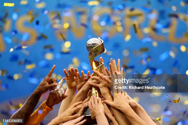 Lift the trophy after victory in the 2019 FIFA Women's World Cup France Final match between The United State of America and The Netherlands at Stade...