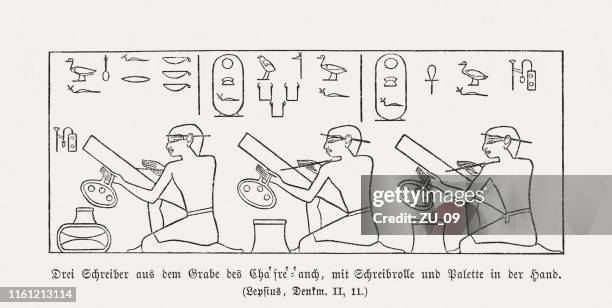 ilustraciones, imágenes clip art, dibujos animados e iconos de stock de tres escribas, antiguo mural egipcio (antiguo reino), xiloque, publicado en 1879 - scribe