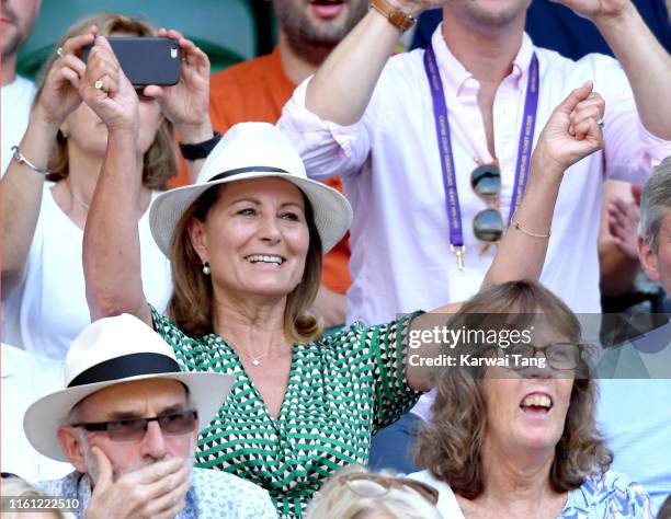 Carole Middleton attends day nine of the Wimbledon Tennis Championships at All England Lawn Tennis and Croquet Club on July 10, 2019 in London,...