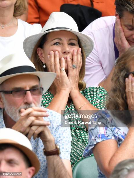 Carole Middleton attends day nine of the Wimbledon Tennis Championships at All England Lawn Tennis and Croquet Club on July 10, 2019 in London,...